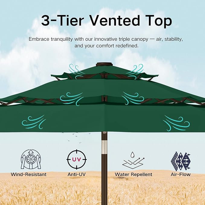 Kingdura 9ft 3-Tier Patio Umbrella with Solar Lights, Table Umbrella Outdoor Patio with Easy Crank & Tilt, 8 Sturdy Ribs, UV Protection, 32 LED Lights for Deck, Poolside, Market (Dark green)