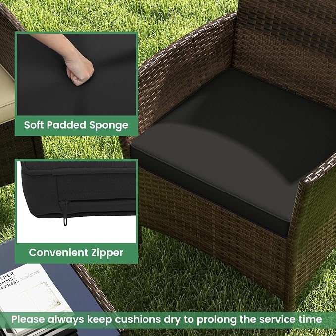 RELAX4LIFE 4-Piece Patio Furniture Set - Rattan Outdoor Conversation Bistro Set w/Cushions, Glass Coffee Table, Wicker Chairs & Loveseat for Garden Backyard Porch, Balcony Furniture Set (1, Black)