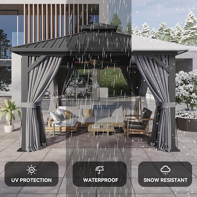 Aoxun 12'x12' Hardtop Gazebo, Metal Frame Canopy with Double Galvanized Steel Roof, Outdoor Metal Pavilion with Netting, Curtains for Backyard, Patio and Deck