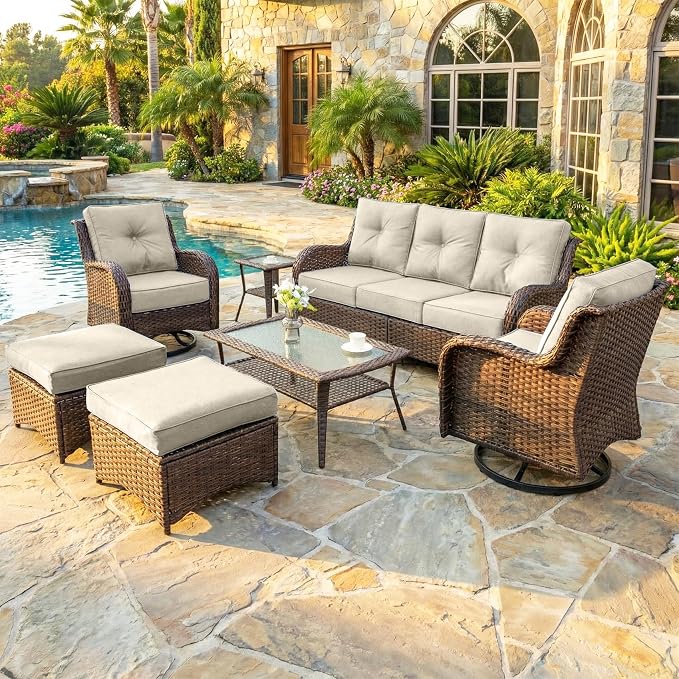 Luxury Patio Conversation Set, 7-Piece Ergonomic High Back Wicker Sofa&Swivel Chair Set with 6-Inch Deep Seating Cushions, Large Patio Furniture Set for Garden, Deck & Balcony, Beige