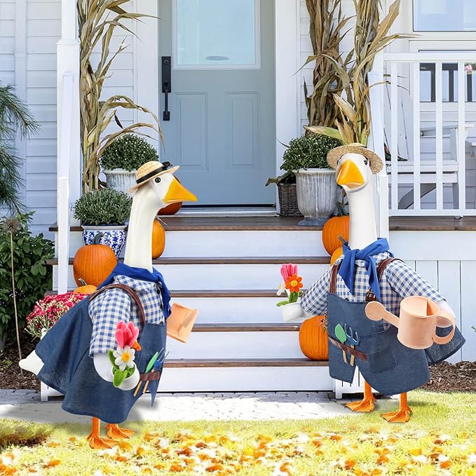 GJL Gardener Porch Goose Outfit Fits 23 Inch Cement Plastic Goose Statue, 2-Piece Porch Goose Clothes with Hat, Tools, Scarf, Watering Can & Flower Pot Design for Spring Summer Garden Yard Lawn Decor