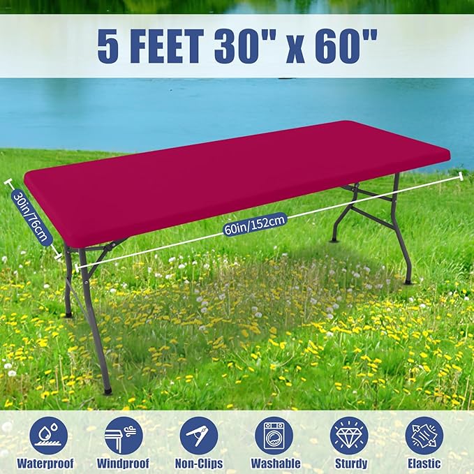 Moosfor Spandex 5 Foot Rectangle Table Cloth 2 Pack, Elastic Fitted Tablecloths for Picnic, Stretch Washable Patio Table Cover for Outdoor, Camping, Banquet and Parties (Fuchsia, 30"x60")