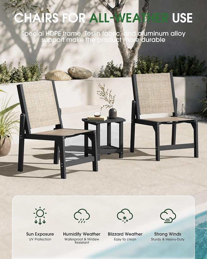 Patio Stackable Chair, HDPE Armless Outdoor Dining Chairs with Wide Seat, All-Weather Textilene Oversized Porch Chair for Garden, Poolside, Backyard, Deck | Black