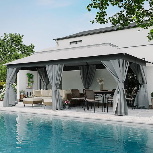 LAUSAINT HOME 10'x20' Outdoor Gazebo, Metal Frame Heavy Duty Patio Canopy Tent Shelter with Double Roofs, Mosquito Nettings and Privacy Screens for Backyard, Garden, Lawn, Gray