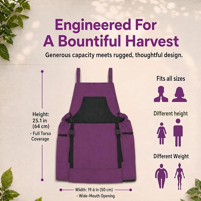 Gardening Apron with Pockets, Heavy Duty Canvas Harvest Apron | Front kangaroo-style pouch with bottom release for easy unloading, Cross-back fit, Canvas with Oxford lining