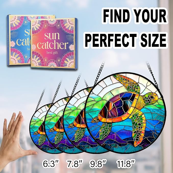 Birthday Gifts for Women - Blue Sea Turtle Faux Stained Glass Window Hanging Sun Catcher for Door Garden Acrylic Decor Mother's Day Christmas for Mom Men Nana Grandma Sisters 6.3"