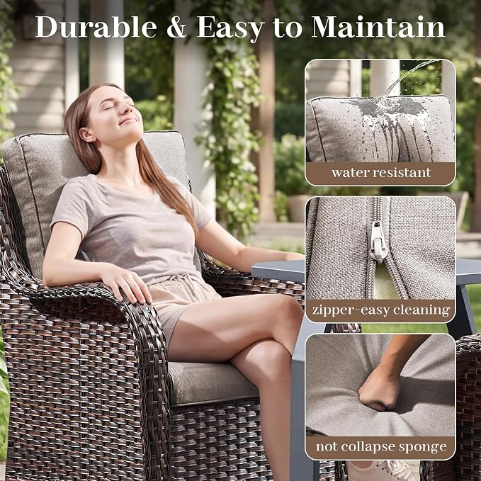 Rilyson Luxury Wicker Outdoor Conversation Set with Glider Rocker Chairs, 5 Pieces Patio Furniture Set with Rattan Swivel Rocker Chairs and Ottomans All Weather Brown/Beige