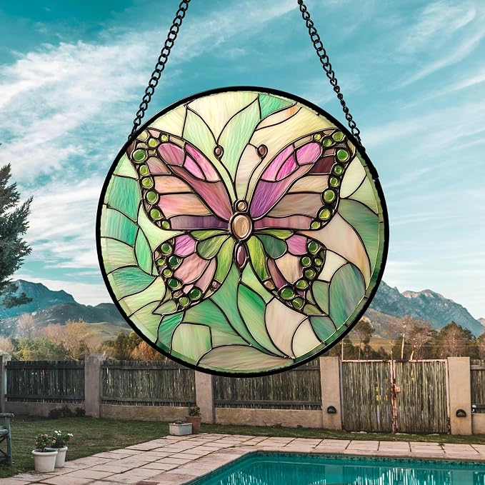 DASTOLL Stained Glass Window Hanging 4 Pcs Set Pink Green Insect Theme 7.8" - Butterfly Suncatcher Door Garden Sun Catcher Decor Birthday Christmas for Mom Woman Nana Men