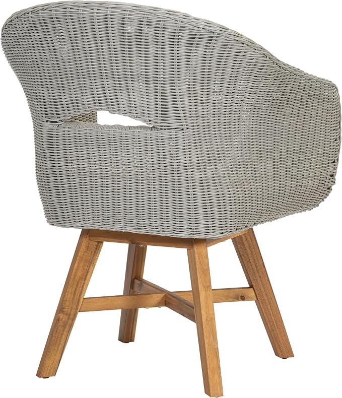 Christopher Knight Home Ambes 7 Piece Acacia Wood Outdoor Dining Set for 6, Patio Dining Table and Chair Set with Curved Rattan Backrest & Cushions, Outdoor Dining Table Set, Beige+Grey Ash+Brown