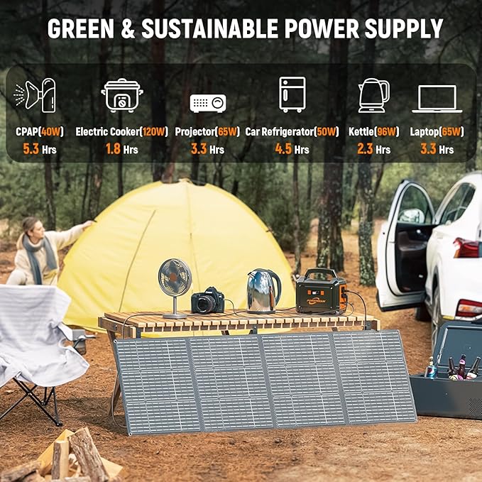 POWSTREAM 296Wh Portable Power Station with Solar Panel 60W Kit Solar Generator with Panels Included AC Outlet 300W Pure Sine Wave Solar Power Bank for Camping Home Power Outage Hunting Outdoor RV Van