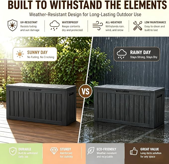 155 Gallon Outdoor Deck Storage Box, Large Waterproof Resin Patio Storage Box, Lockable Bench Seat Holds 2 Adults, for Garden Tools, Cushions & Pool Floats, UV & Rust Resistant, Black