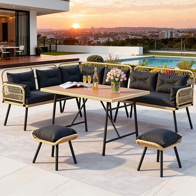DWVO 9-Piece Patio Furniture Set Couch L Shape Outdoor Couch with Soft Cushions, Ottomans & Dining Table All-Weather Rattan Patio Conversation Set Outdoor Patio Sectional for Backyard Garden