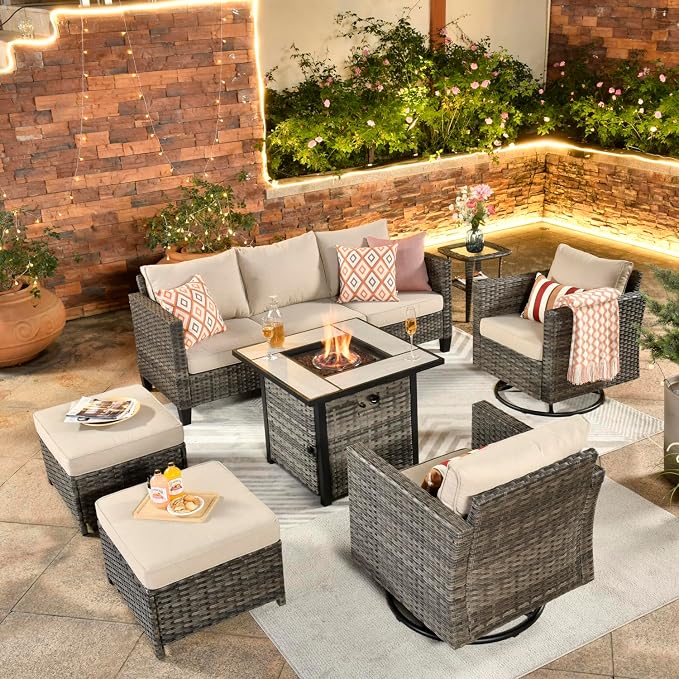ovios 7 Pieces Patio Furniture Set with Square Fire Pit Table, Swivel Rocking Chairs, Outdoor High Back Wicker Rattan Conversation Set for Deck Porch, Beige