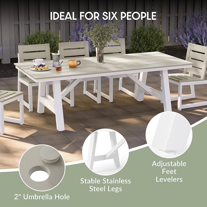 WestinTrends Cape May 9-Piece HDPE Outdoor Furniture Patio Dining Table with Umbrella Hole and Chairs Set for 8, Sand