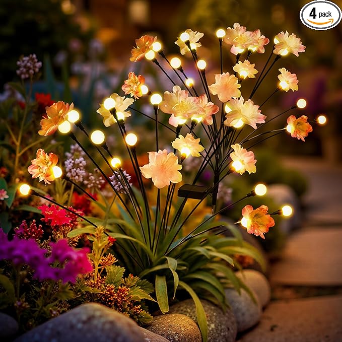 PEVOROS Solar Garden Lights, Warm White LED Swaying Solar Flowers Light for Outside, Waterproof Garden Decor, Outdoor Decorative Lights Yard, Patio, Pathway Decoration Gardening Gifts (4 Pack)