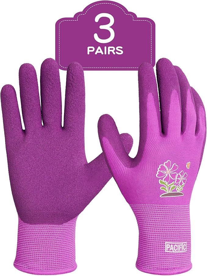 PACIFIC PPE 3 Pairs Gardening Gloves for women, Rubber Coated Garden Gloves, Ladies Yard Work Gloves, Breathable, Purple, Medium