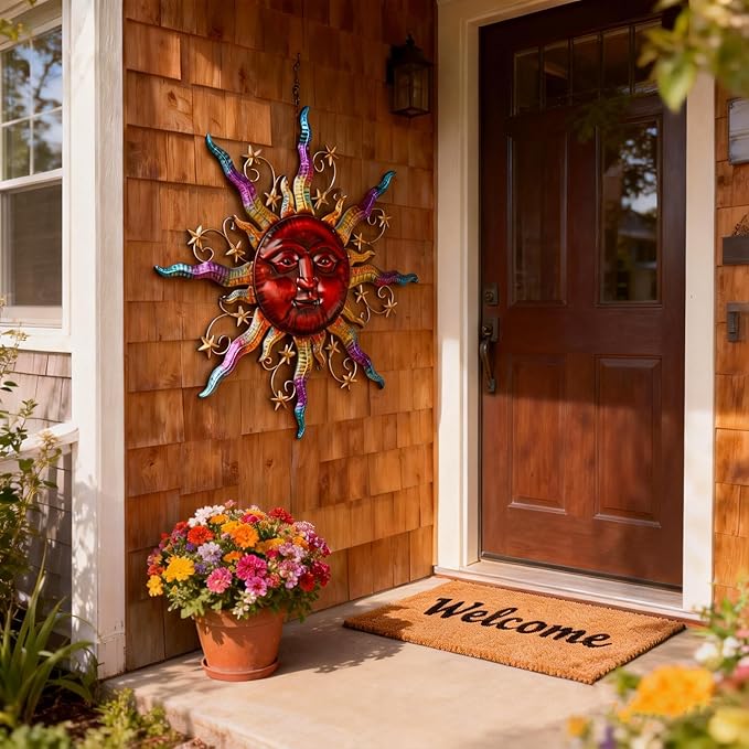 TERESA'S COLLECTIONS Outdoor Sun Metal Wall Art for Outdoor Decor,21" Red Sun Face 3D Wall Decor for Garden Decor,Rustic Retro Hanging Sculpture for Outside indoor Home Patio Farmhouse Gifts for Mom