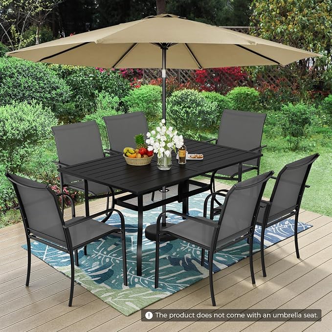 7-Piece Patio Dining Set with Umbrella,6 Person Outdoor Table and Chairs Set, 6 Metal Dining Chairs and Rectangular Outdoor Table with 1.57" Umbrella Hole,Grey
