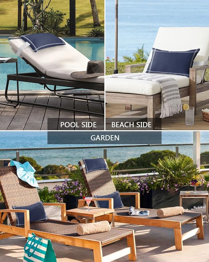 Outdoor Pillows Covers with Inserts Solid Color Blue Waterproof Recliner Pillow with Adjustable Strap Throw Pillows for Patio Furniture Pool Lounge Chair, 11x16 inch, 1PCS