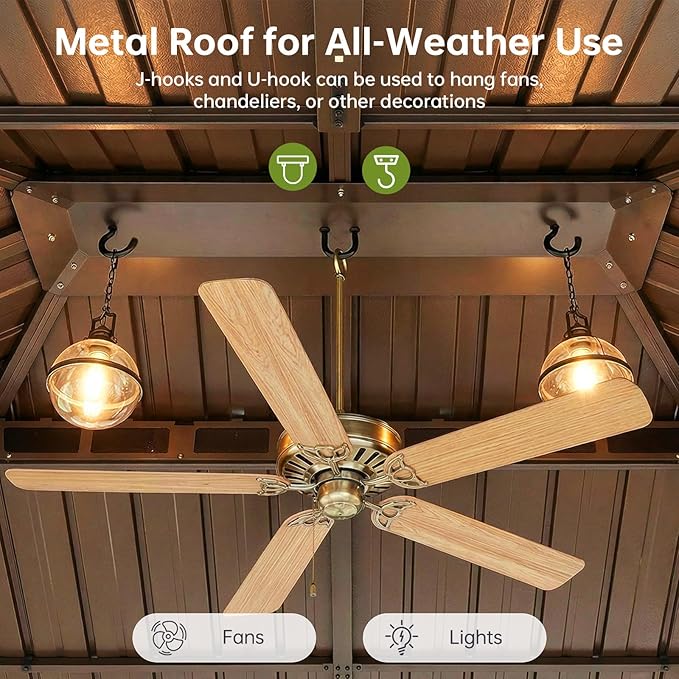 12x16FT Hardtop Gazebo with 72FT Solar String Lights, Metal Frame with Double Galvanized Steel Roof, Permanent Outdoor Pergola for Backyard, Patio, Lawn and Garden, Brown