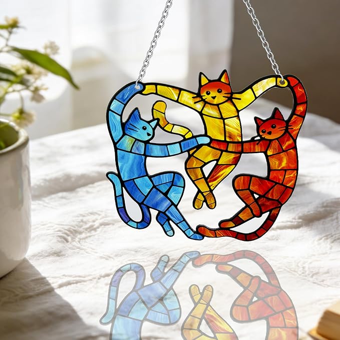 Cat Stained Glass Suncatcher Window, Hanging Sun Catchers Indoor Window, Suncatcher for Mom/Women (Dancing Cat)