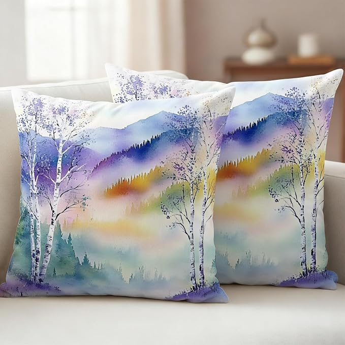 Forest Landscape Outdoor Pillow Covers Set of 2 Watercolor Yellow Purple Green Mountain Peaks Tree Waterproof Throw Pillow Cover Decorative Cushion Cases for Patio Porch Garden 24X24 Inch