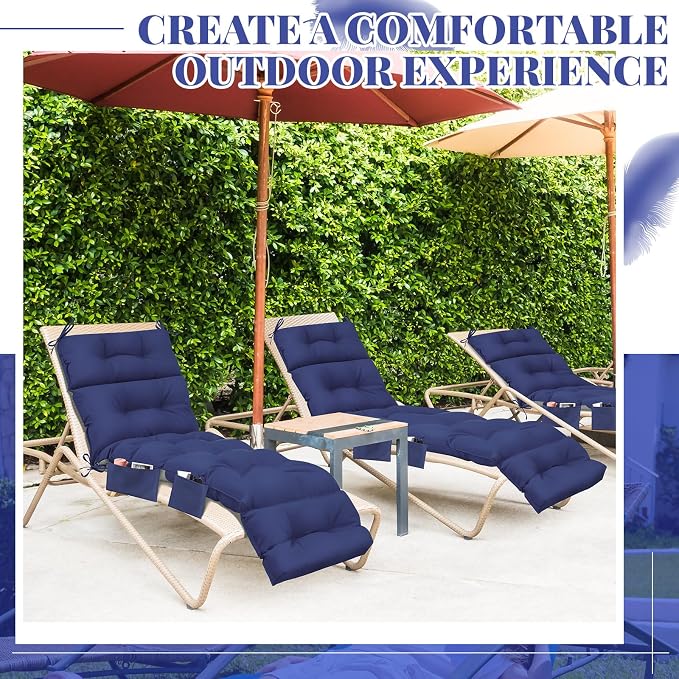 Kigley 2 Pcs Outdoor Chaise Lounge Cushions with 3 Side Pocket 74.5 x 22 x 4.7 Inch Patio Chaise Lounge Cushion, Water-Repellent and Fade-Resistant Tufted Summer Replacement(Navy Blue)