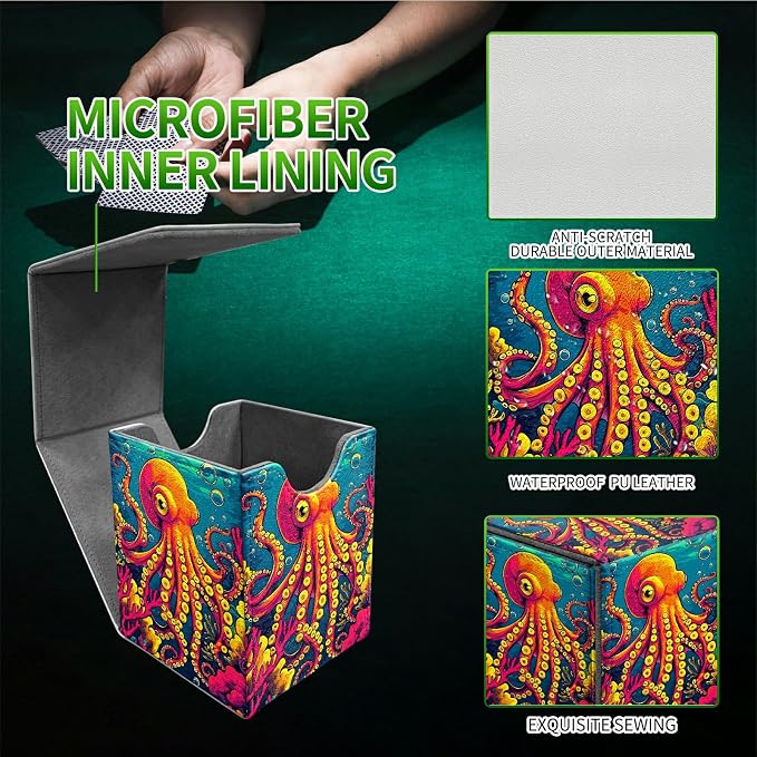 Octopus Ocean Bottom Card Deck Box for MTG, Personalized Card Storage Case Fits 120+ Sleeved Cards, Premium Leather TCG Box with Strong Magnetic Closure for Magic, CCG, PTCG, Baseball Cards