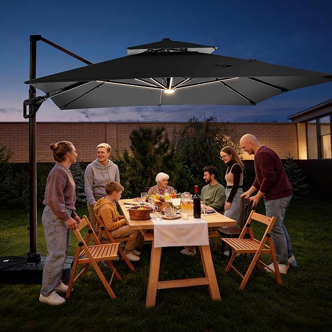 JZAC & QZYD 9x12 FT Outdoor Cantilever Patio Umbrella with LED Lights, Large Heavy Duty 2-Tier Aluminum Offset Umbrellas with 360-Degree Rotation for Pool Deck, Grey