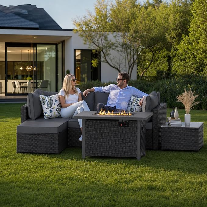 5 Piece Patio Furniture Sets, Outdoor Patio Set Sectional Sofa, All-Weather PE Rattan Couch with Cushion, Glass Table for Gatherings, Parties, Sports Viewing (Gray, 6-Piece Fire Pit Table Set)
