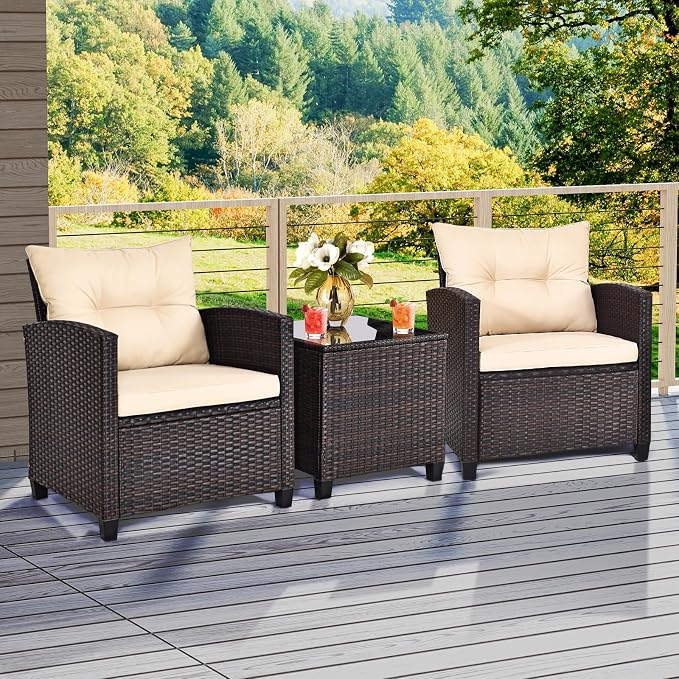 3-Pieces Patio Furniture Set, PE Wicker Chairs Sofa Set with Removable Cushions & Glass Top Side Table, Outdoor Wicker Rattan Conversation Chair for Porch,Backyard, Balcony (Light Yellow)