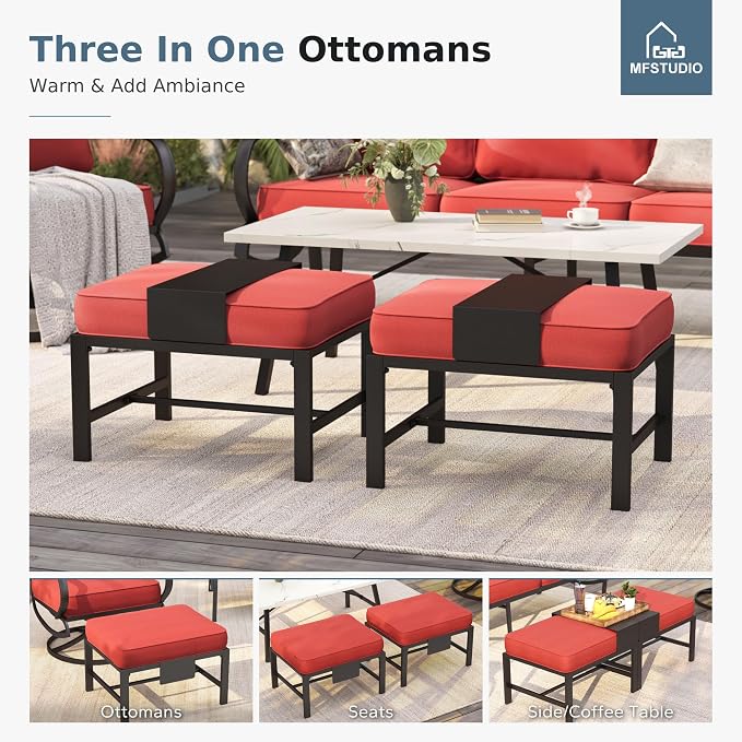 MFSTUDIO 6 Pieces Patio Furniture Sets with 45" Gas Fire Pit Table(Up to 7 Seat), Outdoor Metal Frame Patio Conversation Sofas with 1 x 3-Seat Sofa, 2 Sofa Chairs and 2 Ottoman, Burgundy Cushion