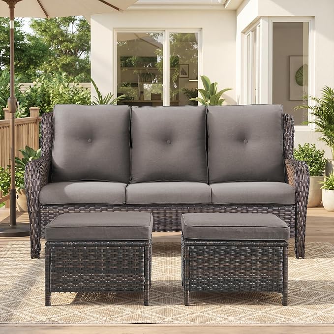 Belord 3-Piece PE Wicker Outdoor Sofa with 2 Ottomans, Luxury Patio Couch Convertible to Chaise Lounge, All-Weather High Back Deep Seat Woven Furniture for Deck, Porch - Brown/Grey