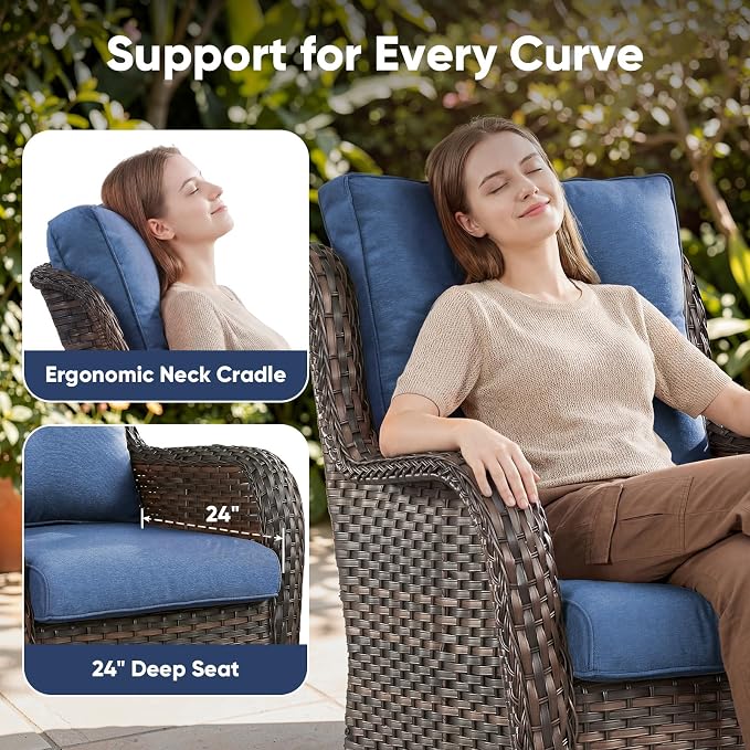 Belord Outdoor Swivel Chairs Set of 2,Patio Wicker Rocker Chairs with Ottomans, All Weather Patio Conversation Furniture Set, Ideal for Porch Balcony Deck Yard, Brown Wicker/Blue