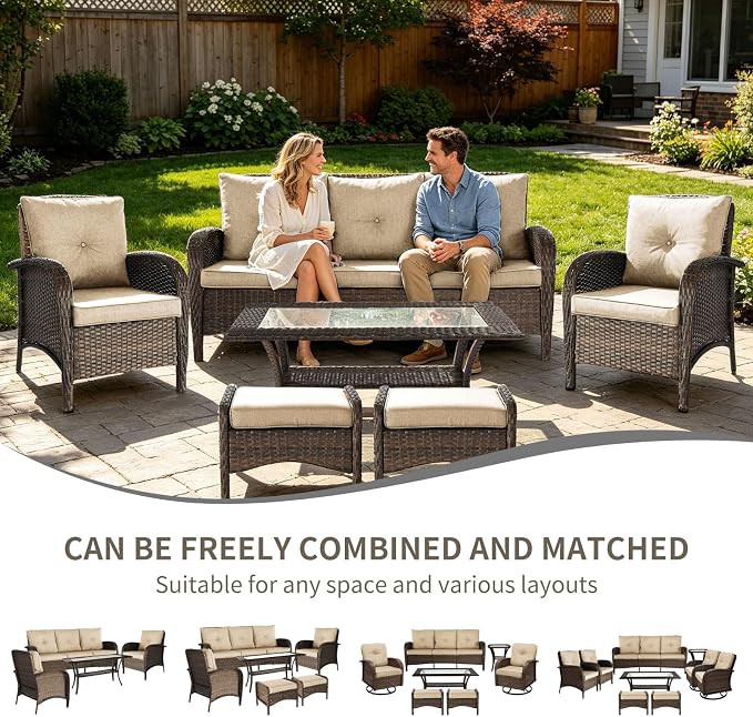 Outdoor Swivel Rocker Patio Chairs (Brown Wicker/Khaki Cushion, 6PC/Sofa & Chair &Coffee Table & Ottomans)