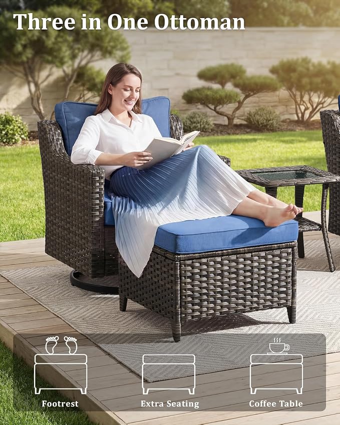 Outdoor Furniture Set of 5, Patio Furniture Set with Wicker Swivel Rocker Chairs, Ottomans and Side Table, High Back&Deep Seat for Garden Deck Porch Balcony Backyard - Blue