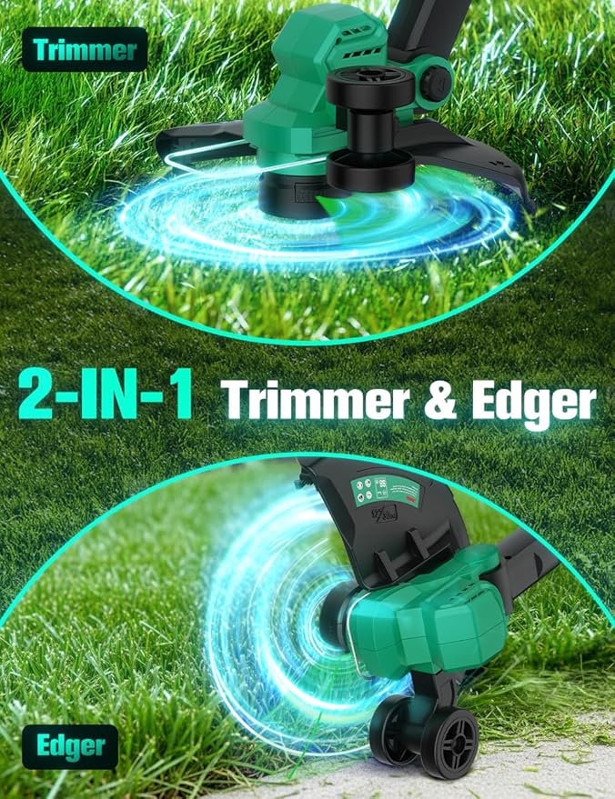 KIMO 12 Inch Cordless Weed Wacker Battery Operated w/ 2 x 2.0Ah Batteries, 2-in-1 String Trimmer & Edger with Charger & Wheels, 6pcs Replacement Spools, Fast Charger