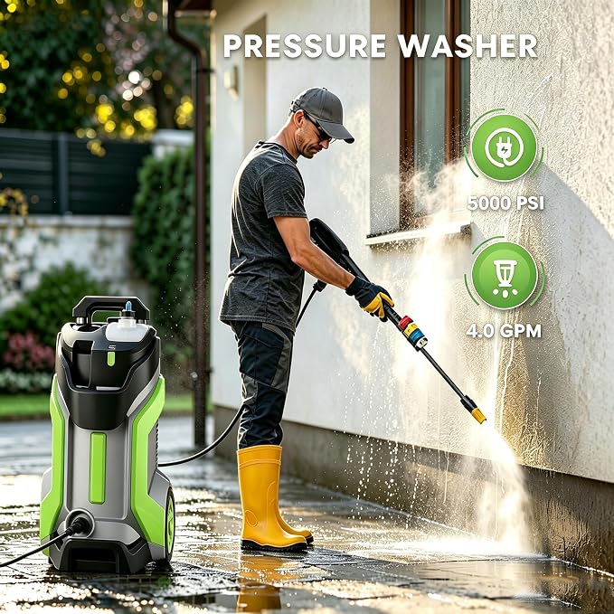 Electric Pressure Washer 5000PSI 4.0GPM Power Washers with M22-14mm Pressure Hose 33FT, Power Sprayers High Pressure with 1/4" QC Compatible Surface Cleaner for Home Cars Driveways, Green