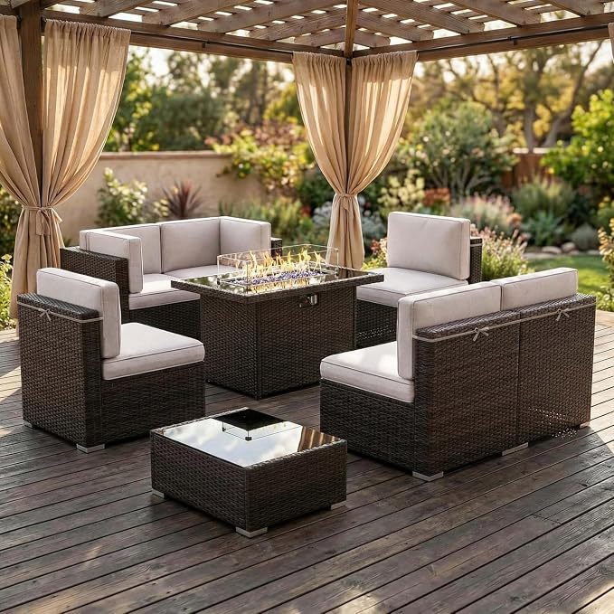 8 Pieces Patio Furniture Set with 44" Propane Gas Fire Pit Table, Outdoor Sectional Brown Rattan Wicker Conversation Sofa Sets with Coffee Table