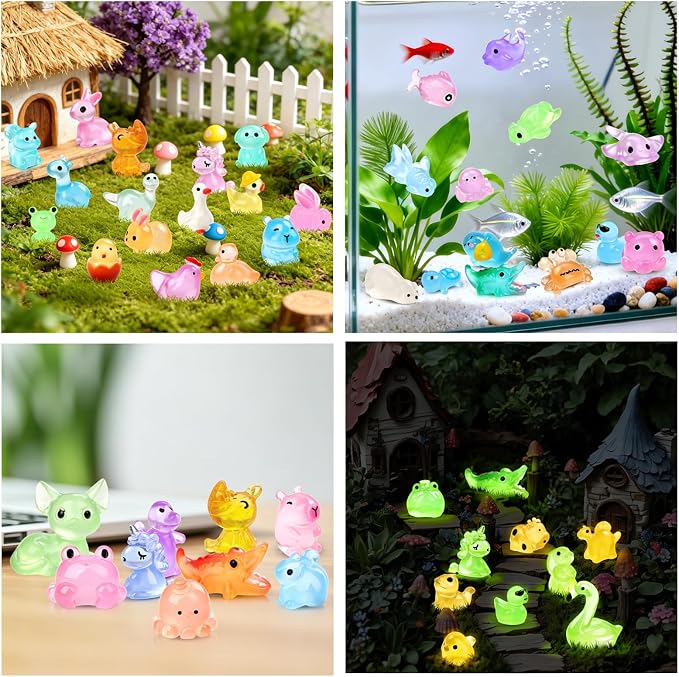 150PCS Mini Luminous Resin Animals 40+ Styles Glow Tiny Resin Animal Miniature Little Small Animal Figures for Accessories Dollhouse Potted Garden Aquarium Party Decoration DIY Craft