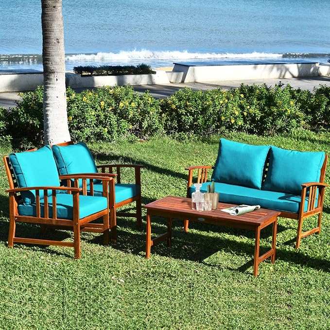 Tangkula 8 Pieces Acacia Wood Patio Furniture, Outdoor Seating Chat Set w/Gray Cushions & Back Pillow, Conversation Set w/Coffee Table for Garden, Backyard, Poolside