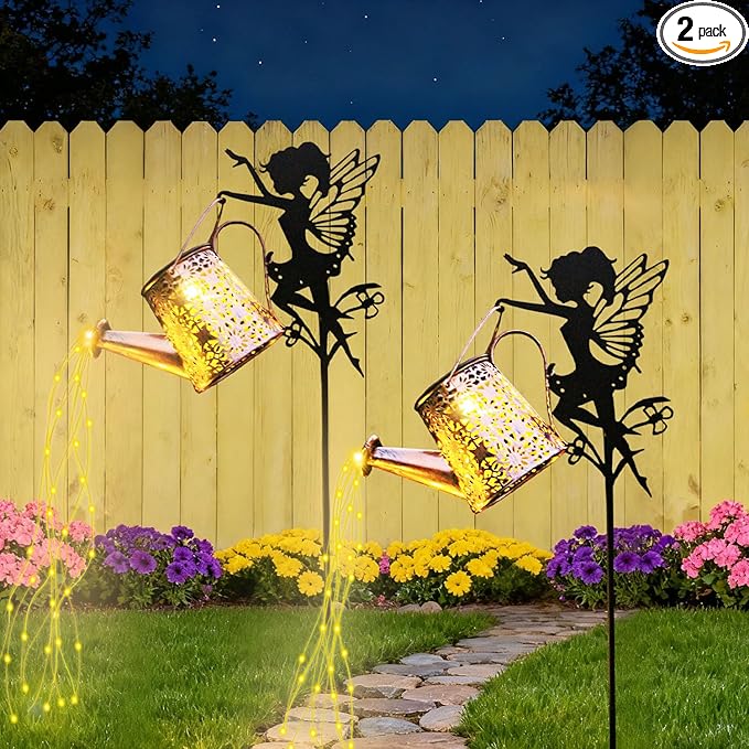 2Pack Solar Watering Can Lights,Waterproof Hollowed-Out Retro Metal Outdoor Lights,Fairy Solar Garden Lights Outdoor Decoration Gifts for Mom Grandma(Angel 1 Style)