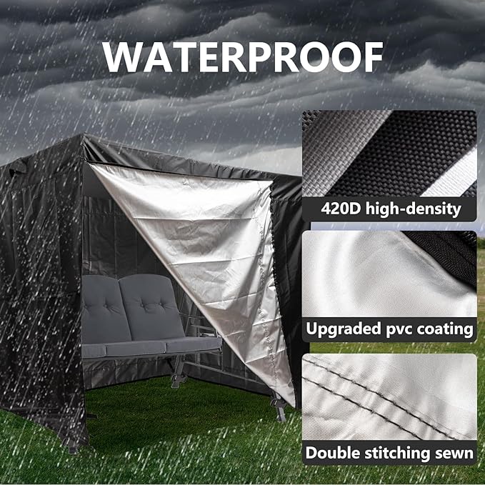 Outdoor Swing Cover 3 Triple Seater Waterproof Garden Patio Proch Swing Cover All Weather Protection 3 Seat Swing Canopy Covers Black (L86 x D60 x H72 inches)