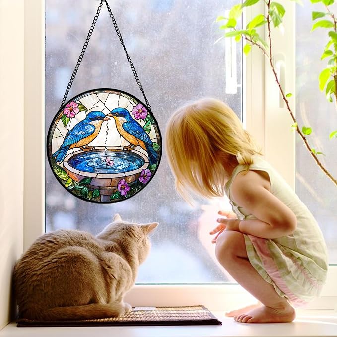 DASTOLL Stained Glass Window Hanging, 2 Blue Birds Suncatcher Diamond Glass Panel Hangings Bird Lover Sun Catchers Decor for Birthday for Women, Men, Wife, Aunt, and Mom 11.8x11.8 in