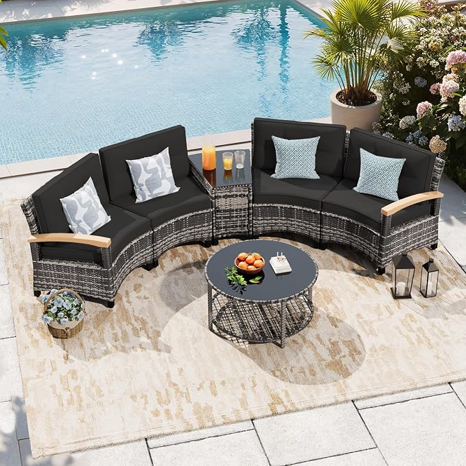 MEISSALIVVE 6-Piece Half-Moon Curved Outdoor Patio Furniture Set, Sectional Conversation Sofa with Wood Armrests, Coffee & Side Tables for Backyard Deck Garden, Black