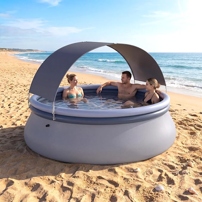 Goplus Inflatable Pool with Canopy, Large Round Above Ground Swimming Pool w/ 2 Air Chambers, Repair Patch, Top Ring Blow Up Pools for Backyard, Lawn, Garden (94.5” x 55.5”)