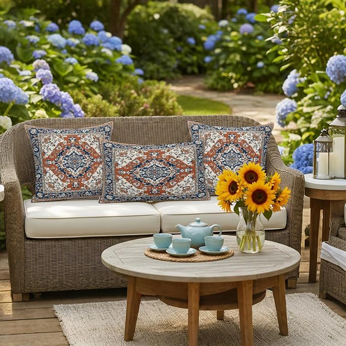 Orange Blue Boho Southwestern Outdoor Pillow Covers 20x12 Inch Lumbar Pillow Covers Set of 2 Waterproof Decorative Throw Pillow Cases Traditional Ethnic Classical Cushion Covers for Patio Furniture