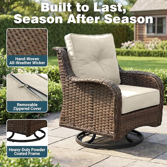 Luxury Patio Conversation Set, 7-Piece Ergonomic High Back Wicker Sofa&Swivel Chair Set with 6-Inch Deep Seating Cushions, Large Patio Furniture Set for Garden, Deck & Balcony, Beige