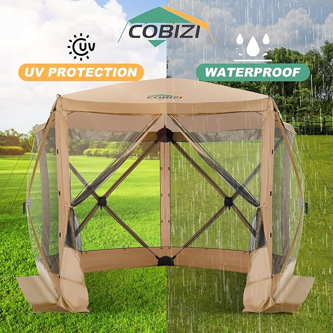 COBIZI 10x10 FT Pop up Gazebo, Popup Canopy Tent, Screened in Gazebos, Waterproof Portable Outdoor Small Screen Tents Sun Shelter,carpas para Patio for Camping, Garden and Backyard,Khaki