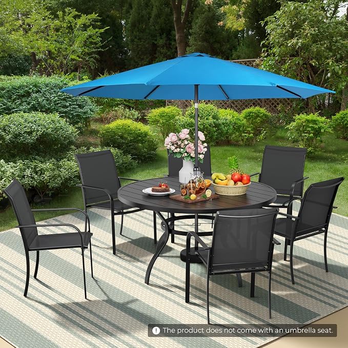 Incbruce 8 PCS Patio Dining Set with Sky Blue Umbrella, Outdoor Dining Set of 6 Textilene Chairs and 53" Round Table with Umbrella Hole for Backyard, Garden, and Poolside (Black)